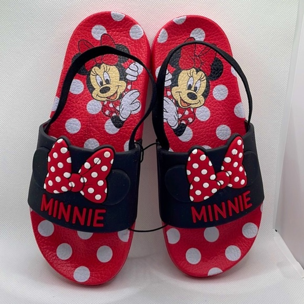 🆕 Disney Minnie Mouse Icon Ltd Edition Bow 🎀 & Ears Kids Slide Sandals w/Strap